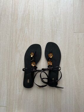 ZARA Black Sandals with Gold Floral Accents